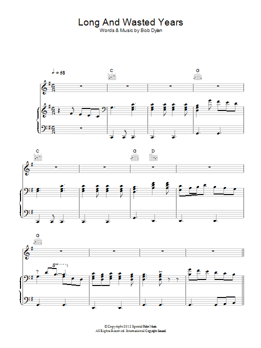 Bob Dylan Long And Wasted Years Sheet Music