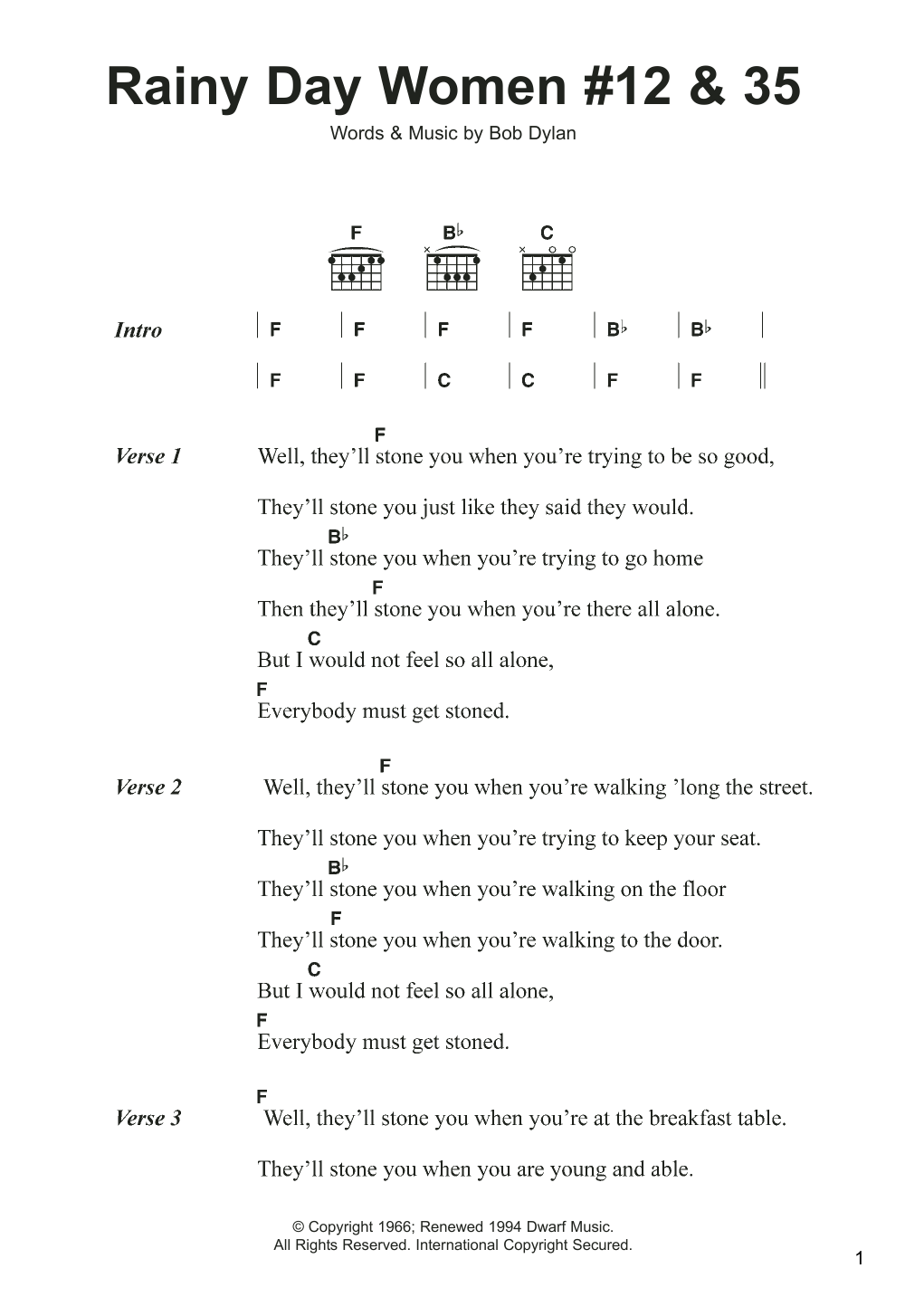 Bob Dylan Rainy Day Women #12 and 35 Sheet Music