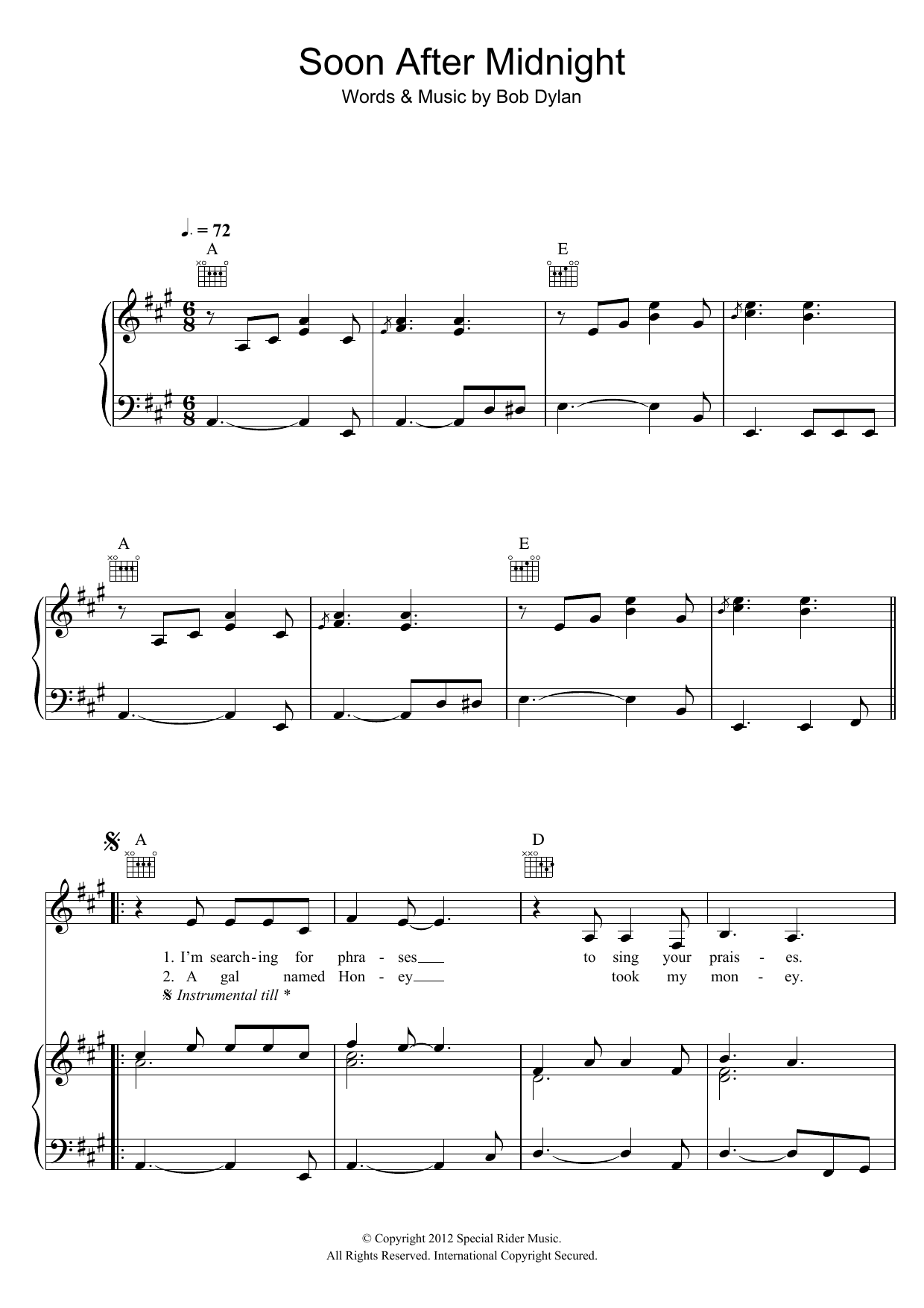 Bob Dylan Soon After Midnight Sheet Music