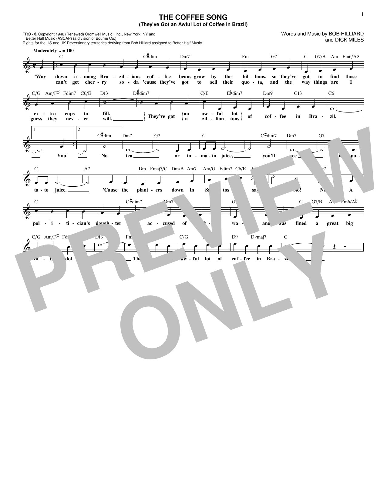 Bob Hilliard The Coffee Song (They've Got An Awful Lot Of Coffee In Brazil) Sheet Music