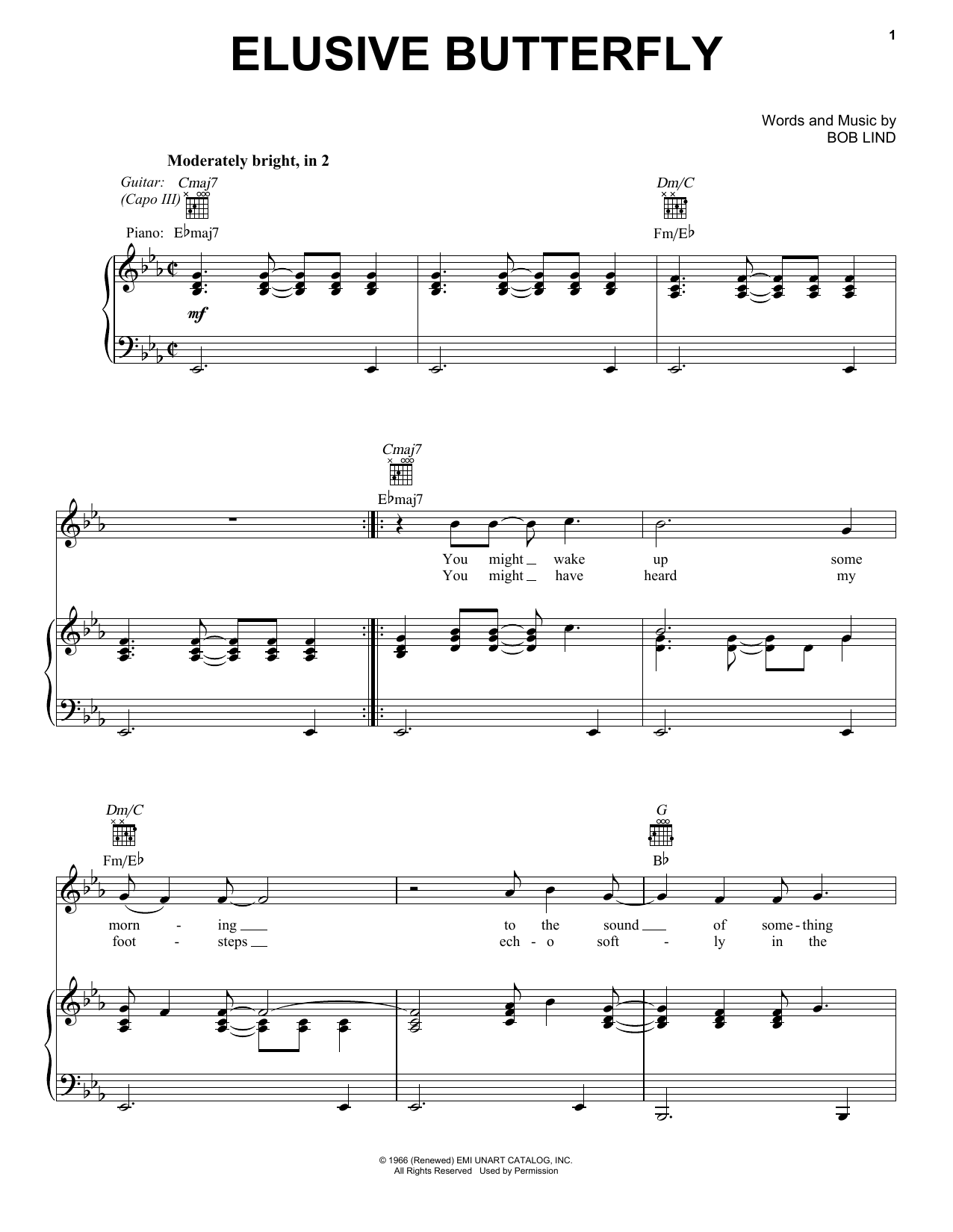 Bob Lind Elusive Butterfly Sheet Music