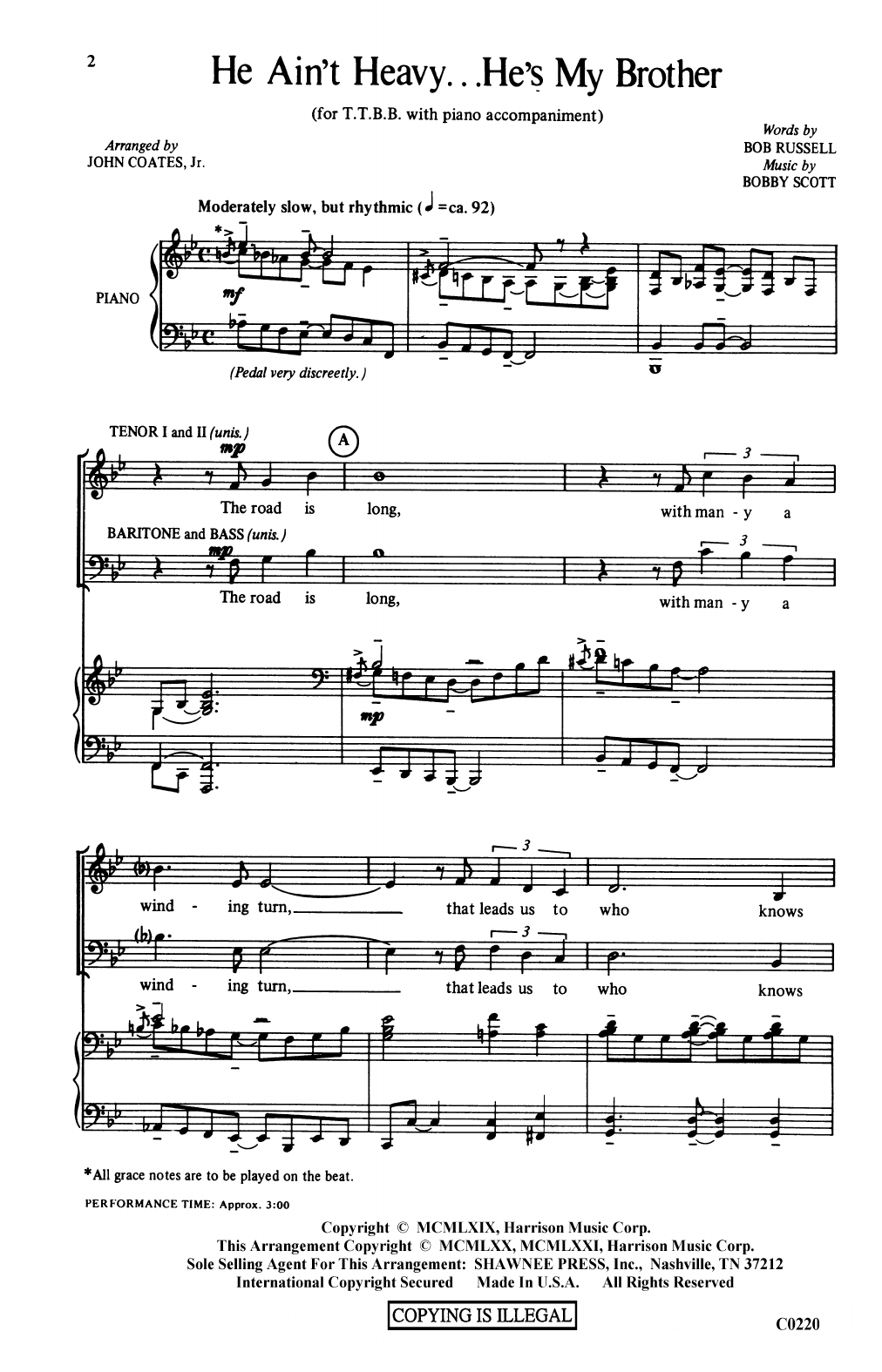 Bob Russell and Bobby Scott He Ain't Heavy, He's My Brother (arr. John Coates, Jr.) Sheet Music