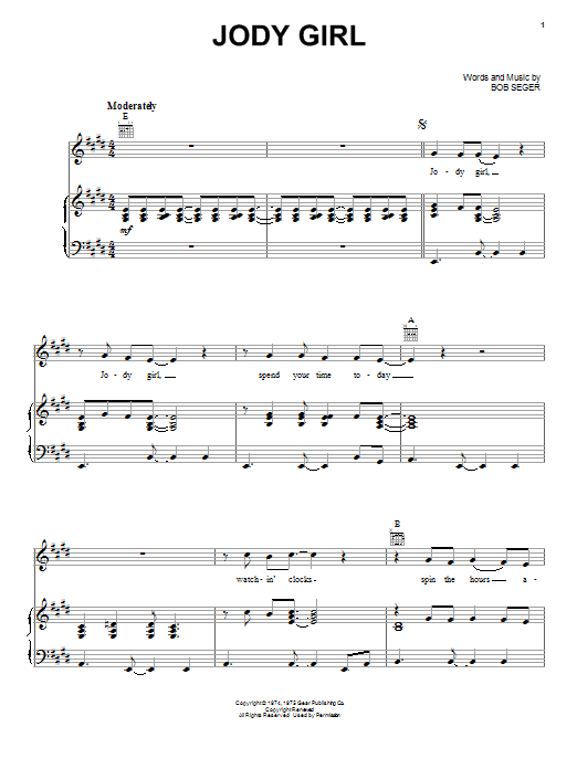 Bob Seger Jody Girl Sheet Music