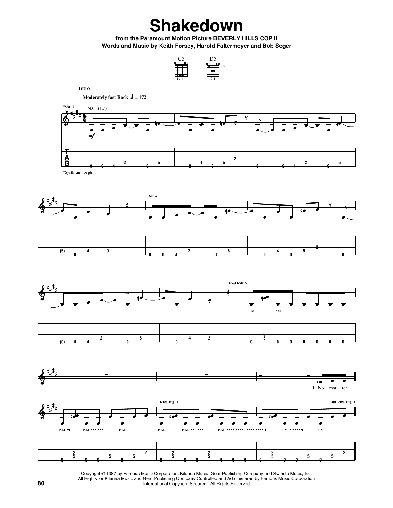 Bob Seger Shakedown (from Beverly Hills Cop II) Sheet Music