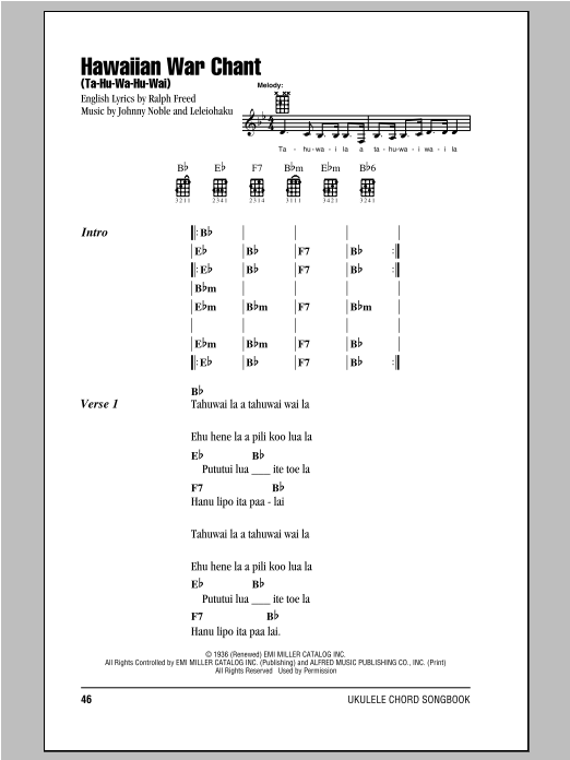Bob Wills & His Texas Playboys Hawaiian War Chant (Ta-Hu-Wa-Hu-Wai) Sheet Music