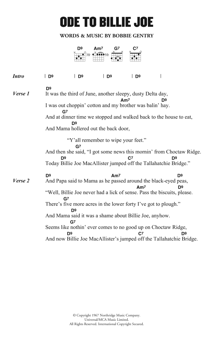Bobbie Gentry Ode To Billie Joe Sheet Music