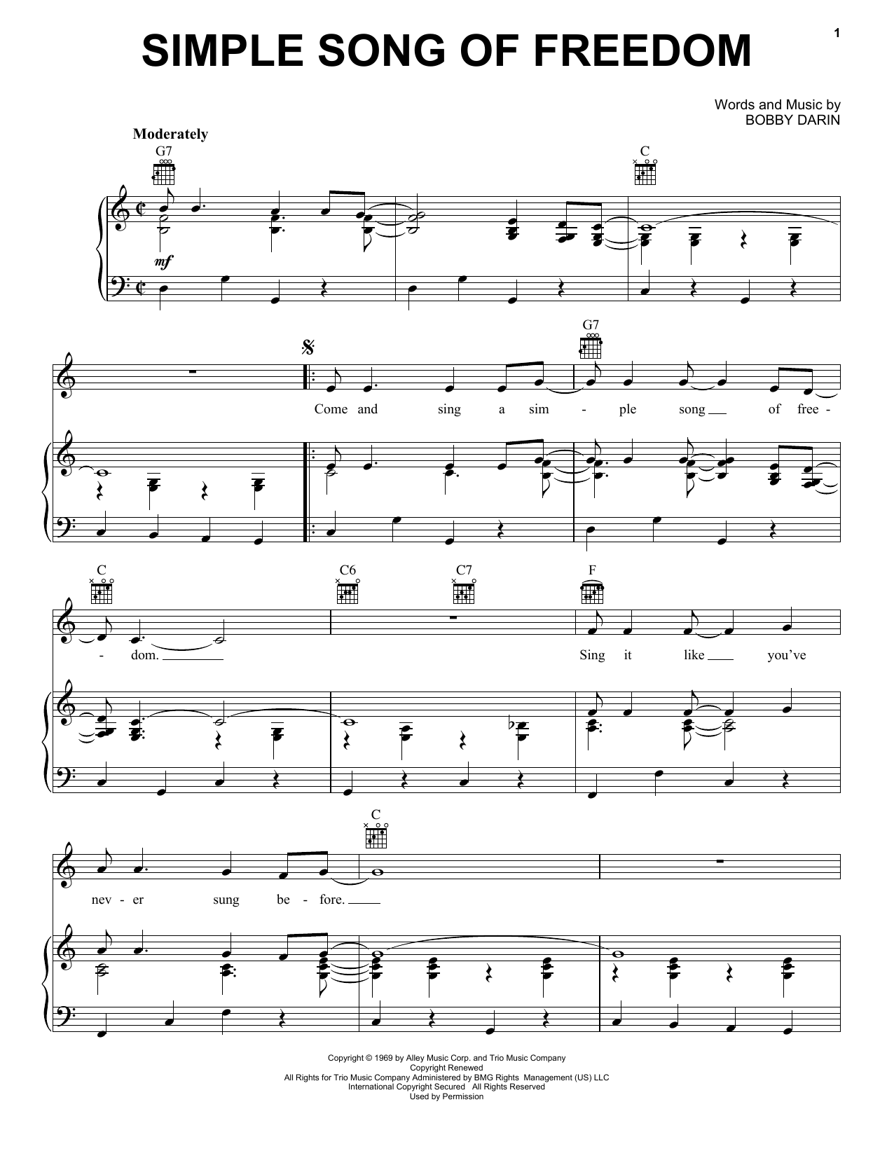 Bobby Darin Simple Song Of Freedom Sheet Music