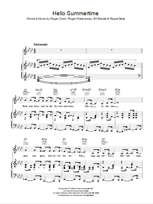 Bobby Goldsboro Hello Summertime Sheet Music