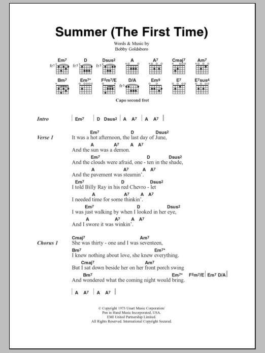 Bobby Goldsboro Summer (The First Time) Sheet Music