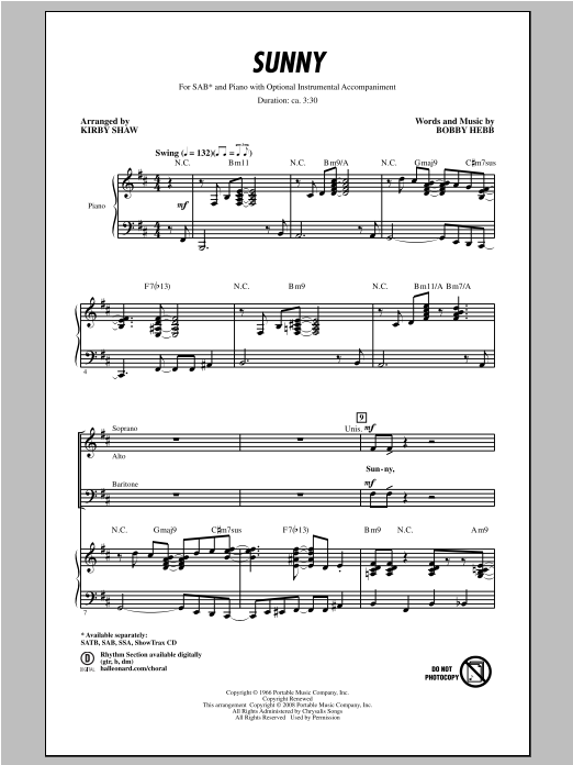 Bobby Hebb Sunny (arr. Kirby Shaw) Sheet Music
