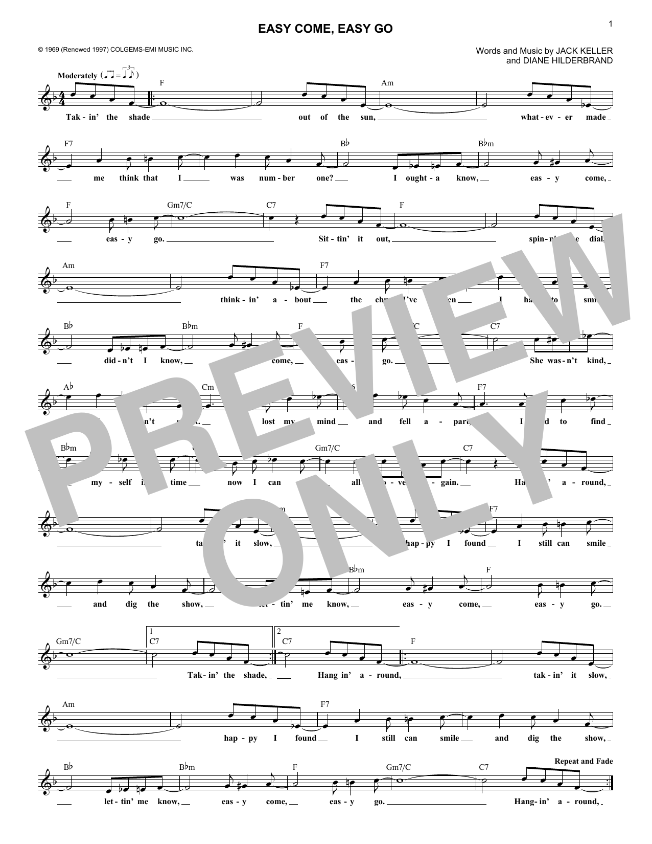 Bobby Sherman Easy Come, Easy Go Sheet Music