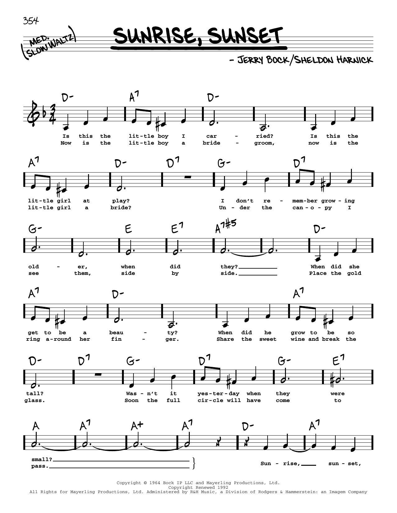 Bock & Harnick Sunrise, Sunset (from Fiddler On The Roof) (Low Voice) Sheet Music