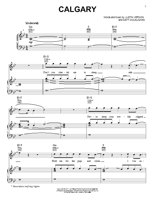 Bon Iver Calgary Sheet Music