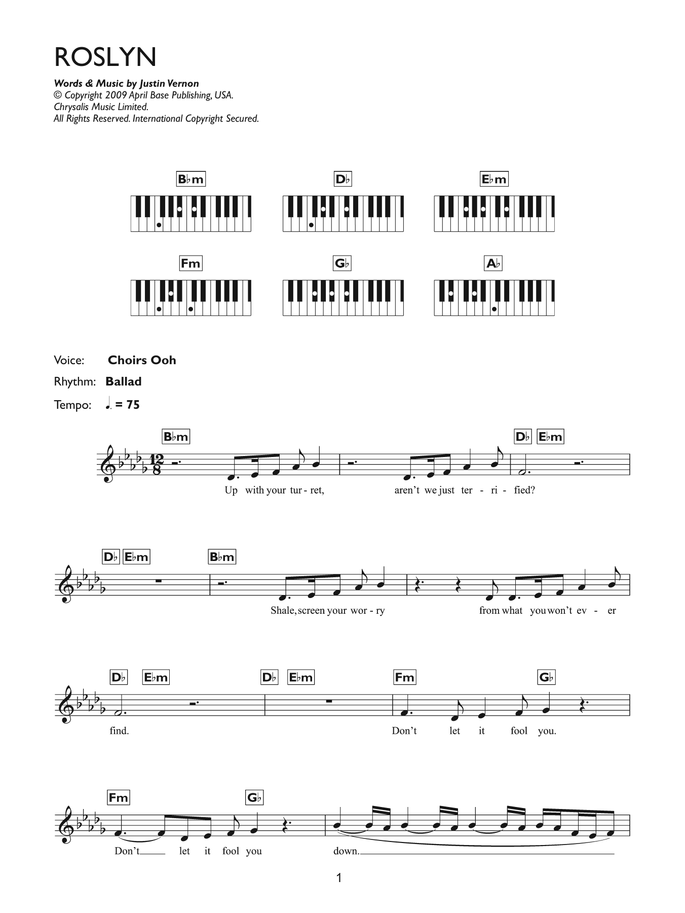 Bon Iver Roslyn Sheet Music