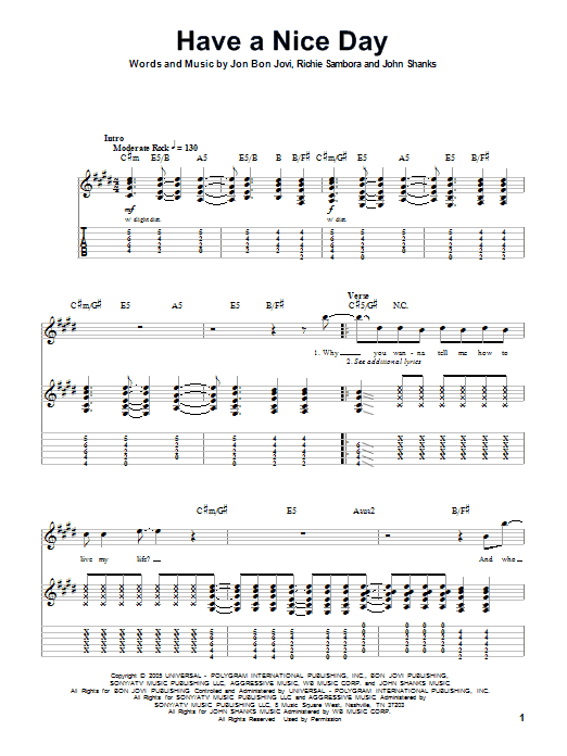Bon Jovi Have A Nice Day Sheet Music