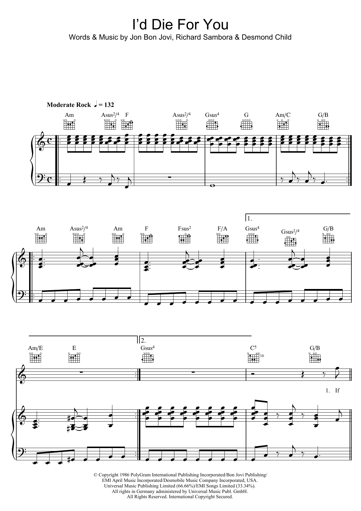 Bon Jovi I'd Die For You Sheet Music