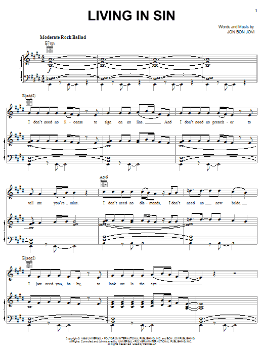 Bon Jovi Living In Sin Sheet Music