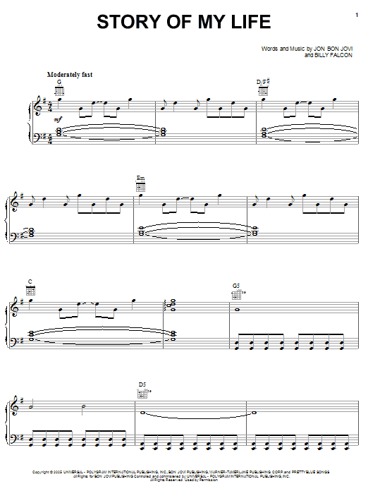 Bon Jovi Story Of My Life Sheet Music