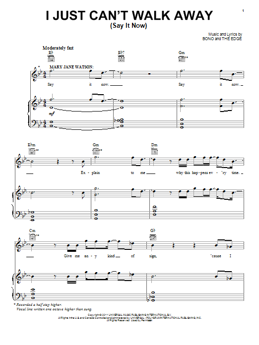 Bono & The Edge I Just Can't Walk Away (Say It Now) Sheet Music