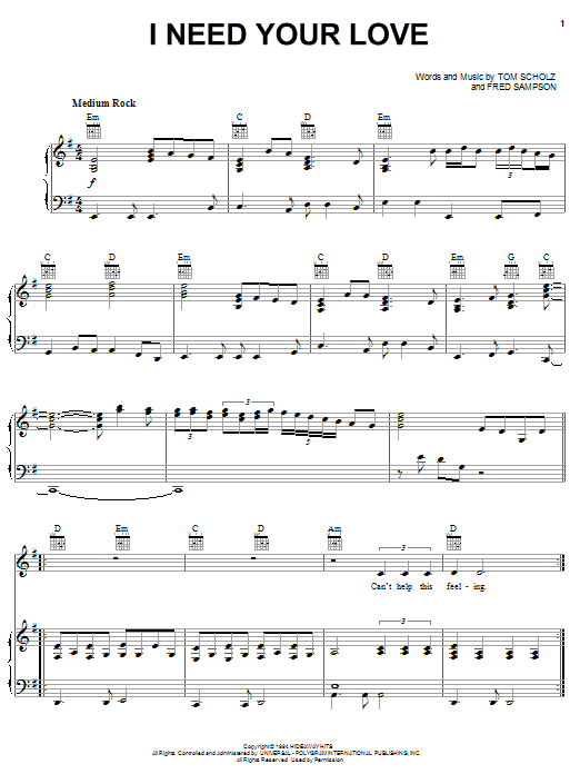 Boston I Need Your Love Sheet Music