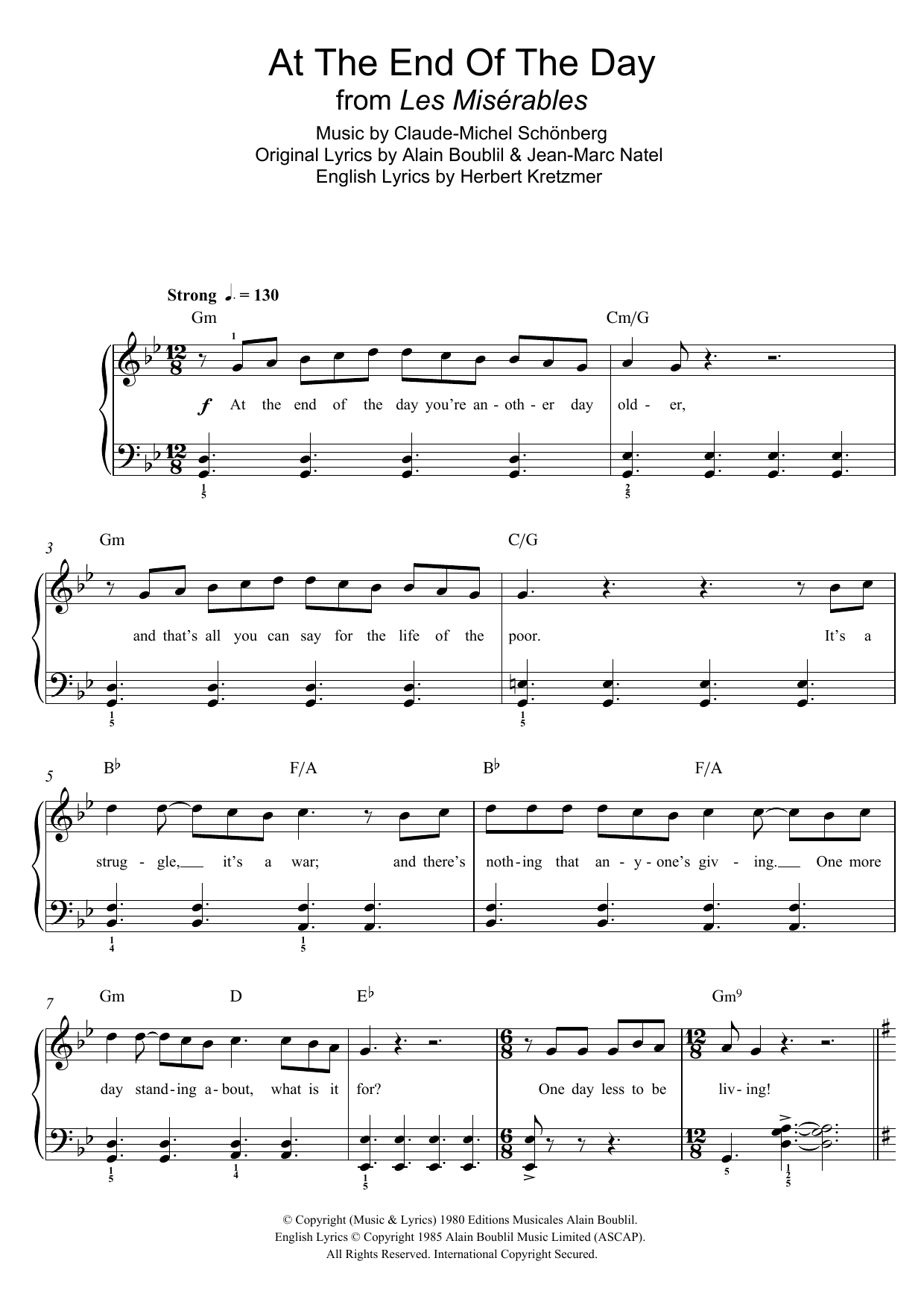 Boublil and Schonberg At The End Of The Day (from Les Miserables) Sheet Music