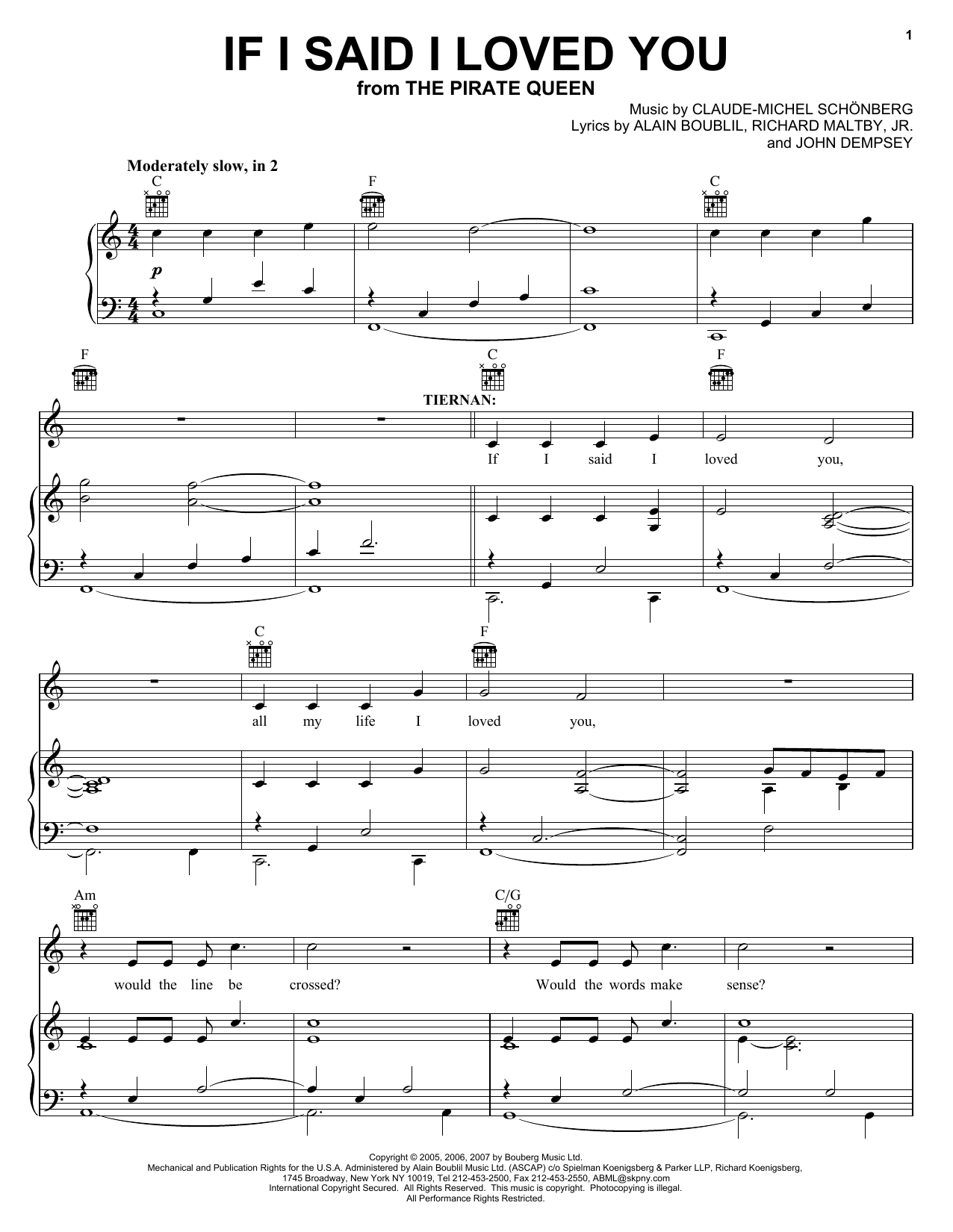 Boublil and Schonberg If I Said I Loved You (from The Pirate Queen) Sheet Music