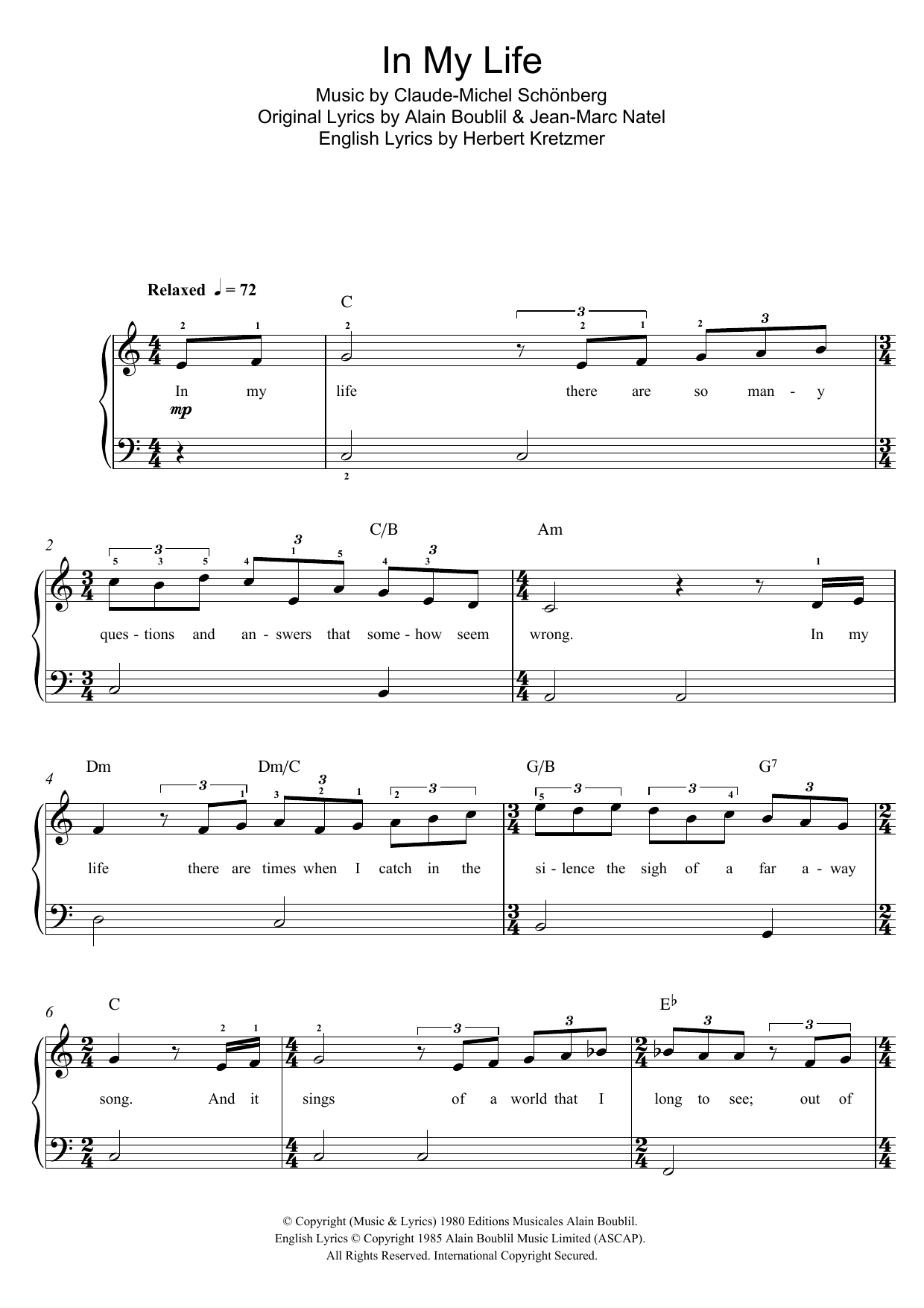 Boublil and Schonberg In My Life (from Les Miserables) Sheet Music