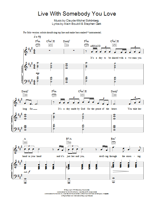 Boublil and Schonberg Live With Somebody You Love (from Martin Guerre) Sheet Music