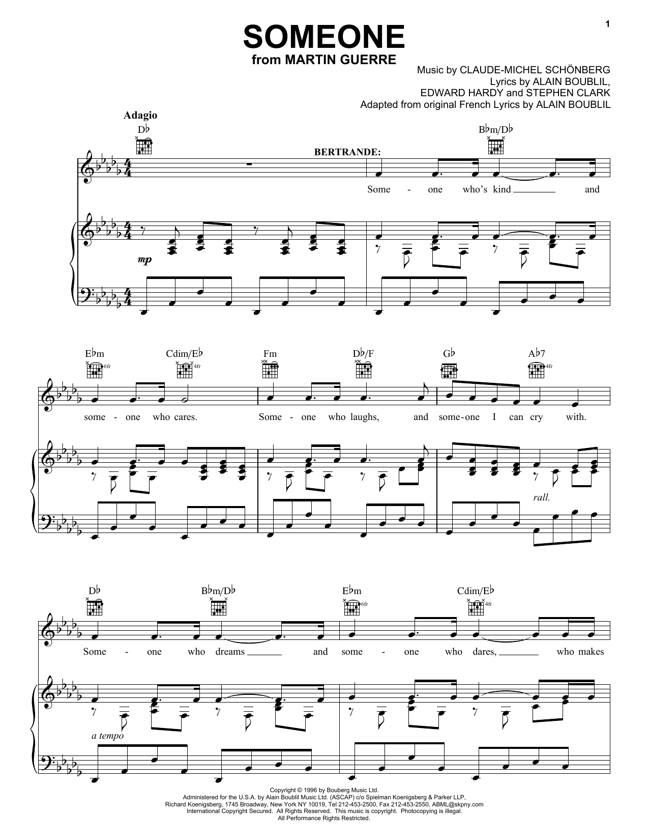 Boublil and Schonberg Someone (from Martin Guerre) Sheet Music