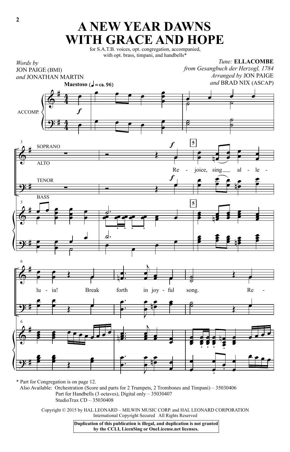 Brad Nix and Jon Paige A New Year Dawns With Grace And Hope Sheet Music
