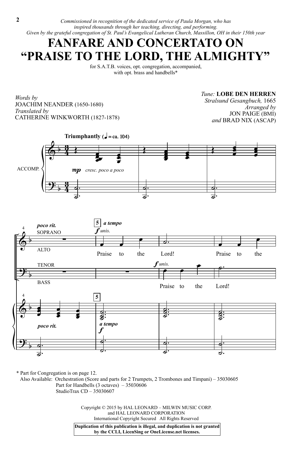Brad Nix Praise To The Lord, The Almighty Sheet Music