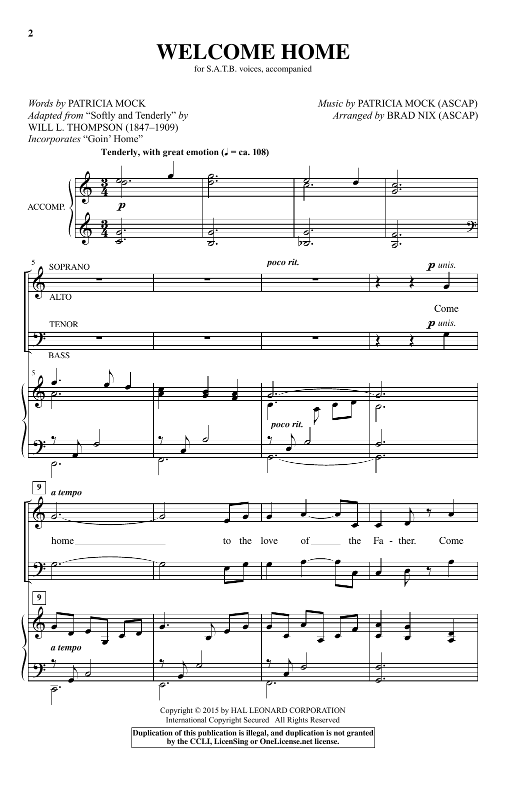 Brad Nix Welcome Home Sheet Music