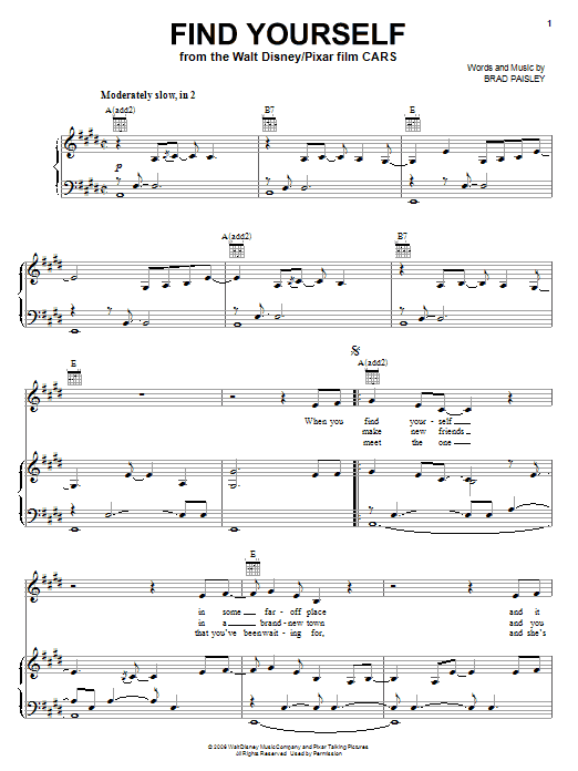 Brad Paisley Find Yourself (from Cars) Sheet Music