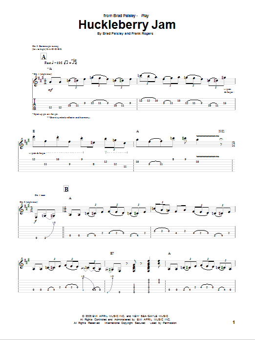 Brad Paisley Huckleberry Jam Sheet Music