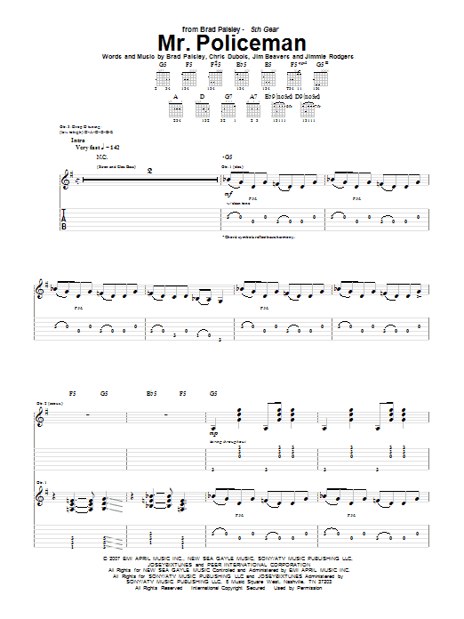 Brad Paisley Mr. Policeman Sheet Music