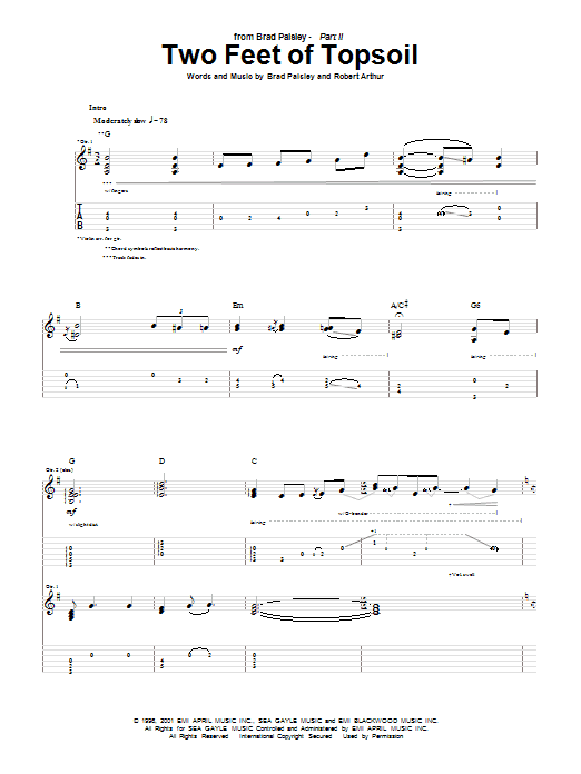 Brad Paisley Two Feet Of Topsoil Sheet Music