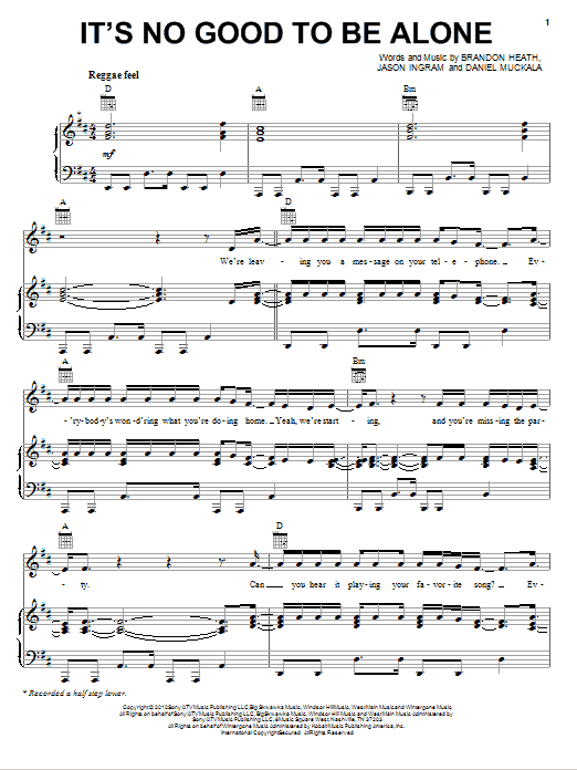 Brandon Heath It's No Good To Be Alone Sheet Music