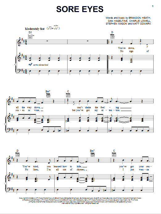 Brandon Heath Sore Eyes Sheet Music