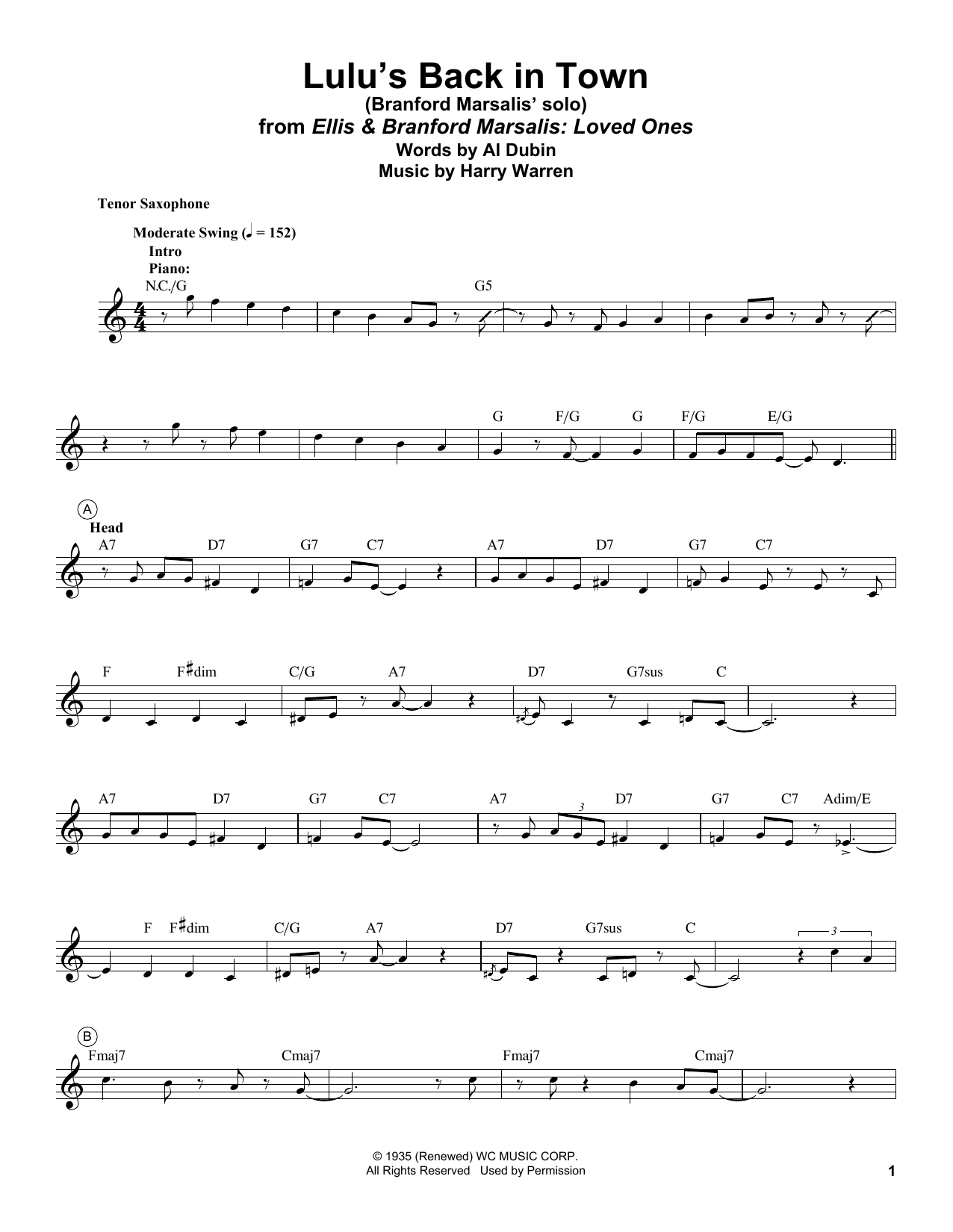 Branford Marsalis Lulu's Back In Town Sheet Music