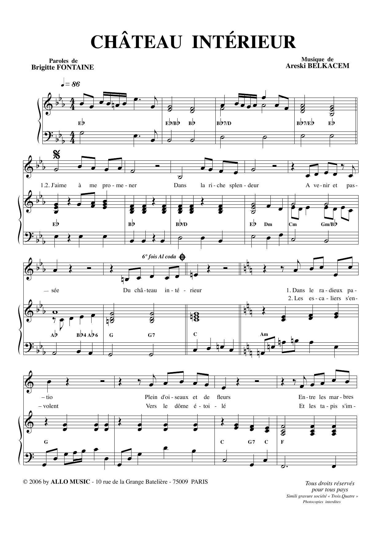Brigitte Fontaine & Areski Belkacem Chateau intérieur Sheet Music
