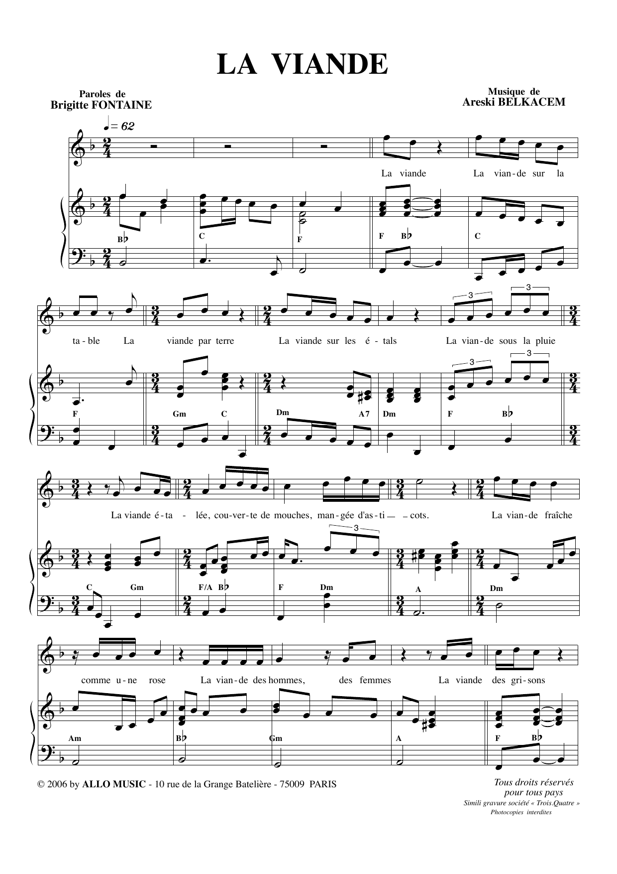 Brigitte Fontaine & Areski Belkacem La Viande Sheet Music