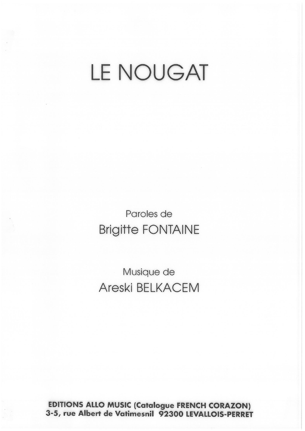 Brigitte Fontaine & Areski Belkacem Le Nougat Sheet Music