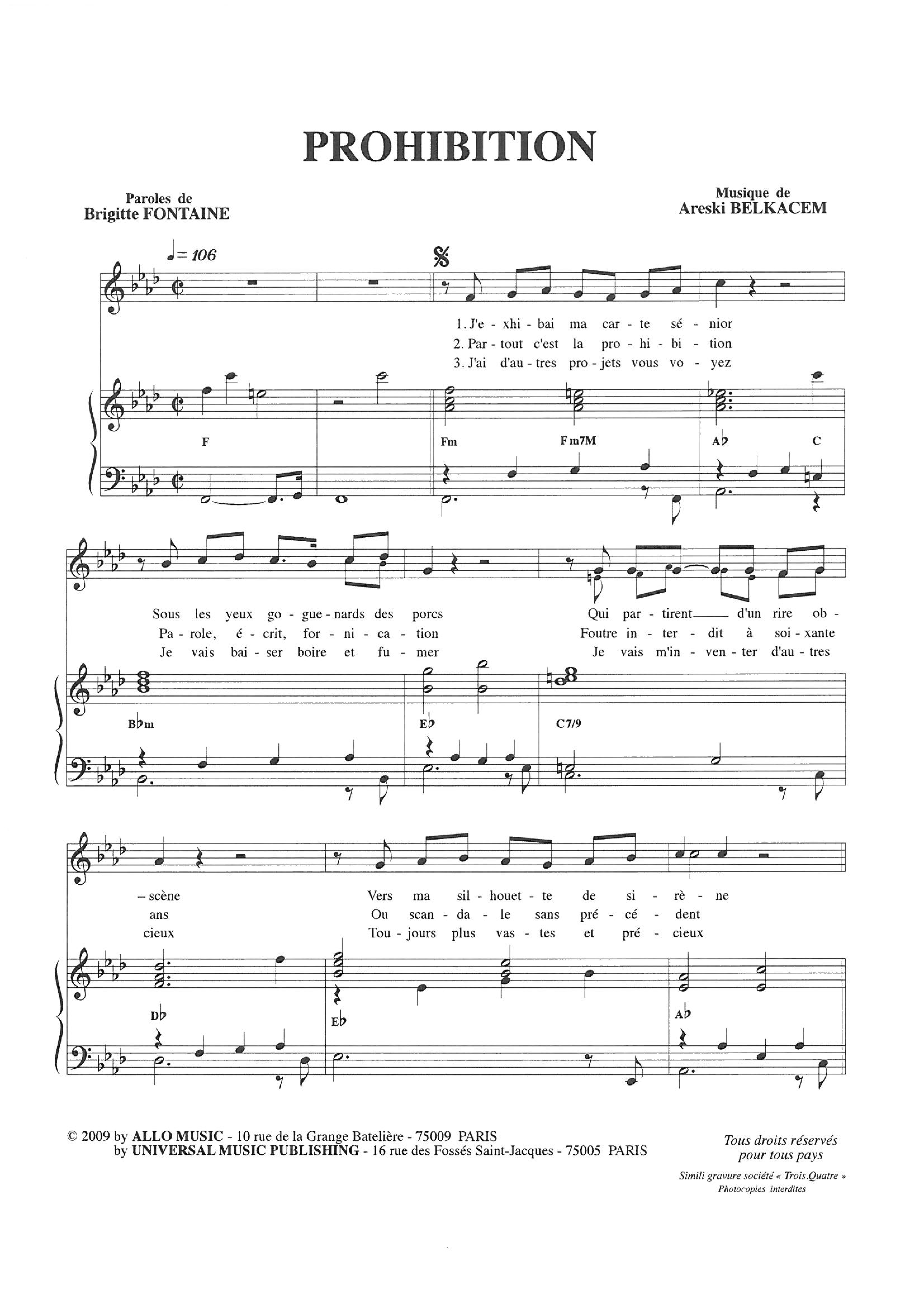 Brigitte Fontaine & Areski Belkacem Prohibition Sheet Music