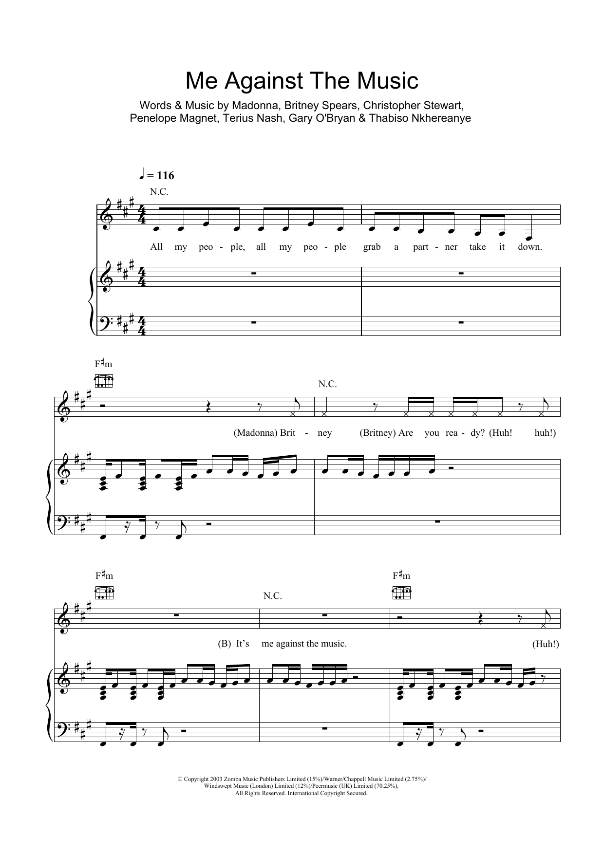 Britney Spears Me Against The Music (Remix) (featuring Madonna) Sheet Music