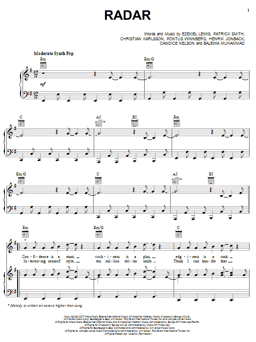 Britney Spears Radar Sheet Music