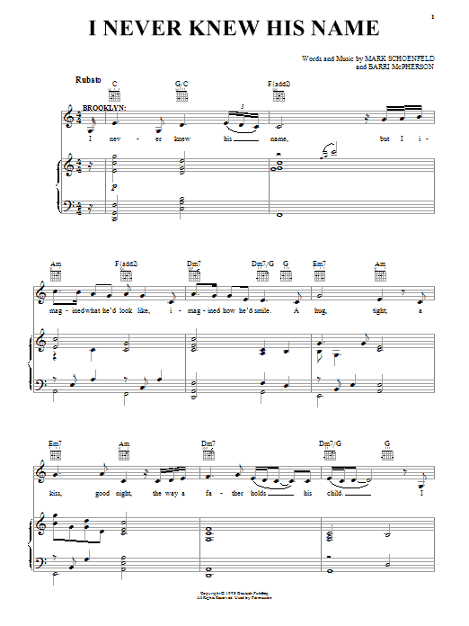 Brooklyn The Musical I Never Knew His Name Sheet Music