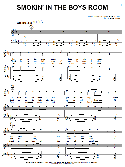 Brownsville Station Smokin' In The Boys Room Sheet Music