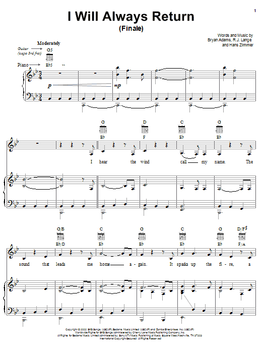 Bryan Adams I Will Always Return (Finale) Sheet Music