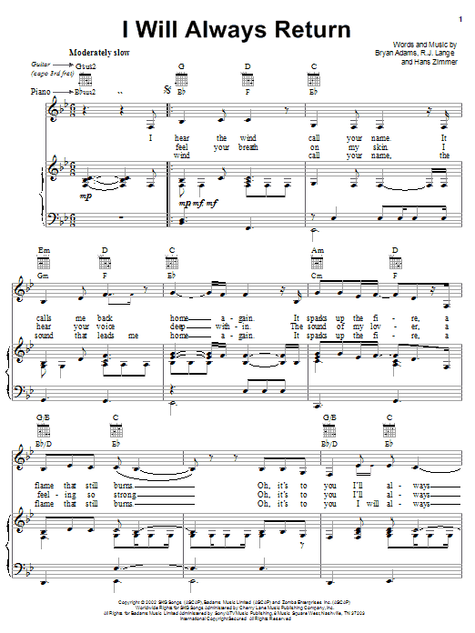 Bryan Adams I Will Always Return Sheet Music