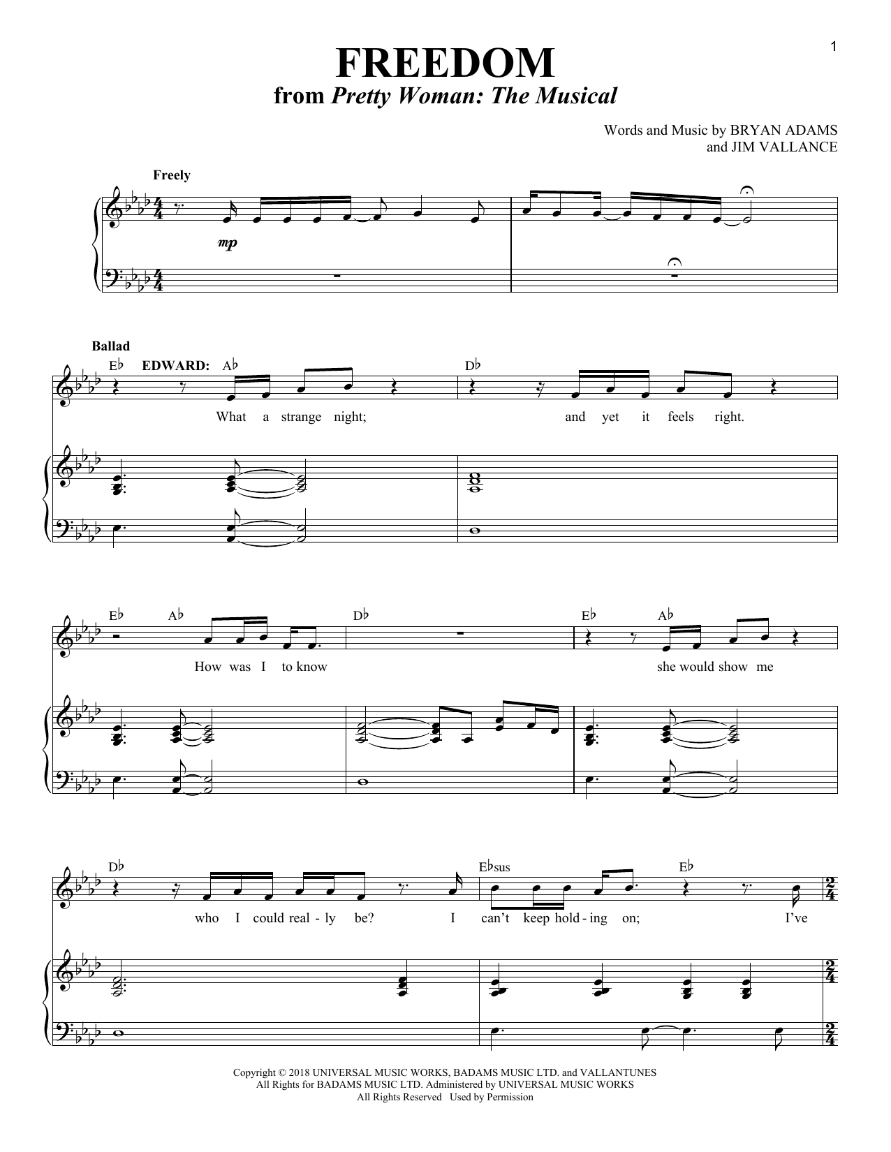 Bryan Adams & Jim Vallance Freedom (from Pretty Woman: The Musical) Sheet Music